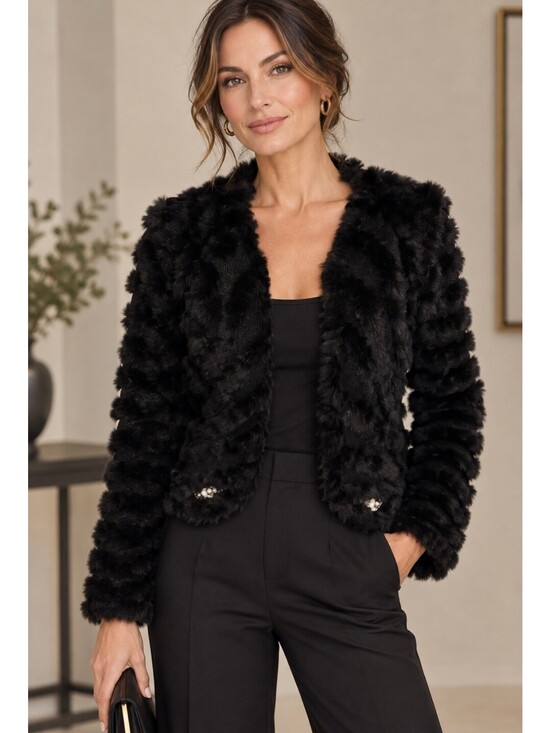 Jackets & Blazers - Black Icicle Cropped Rabbit Fur Jacket with jewel accent trim